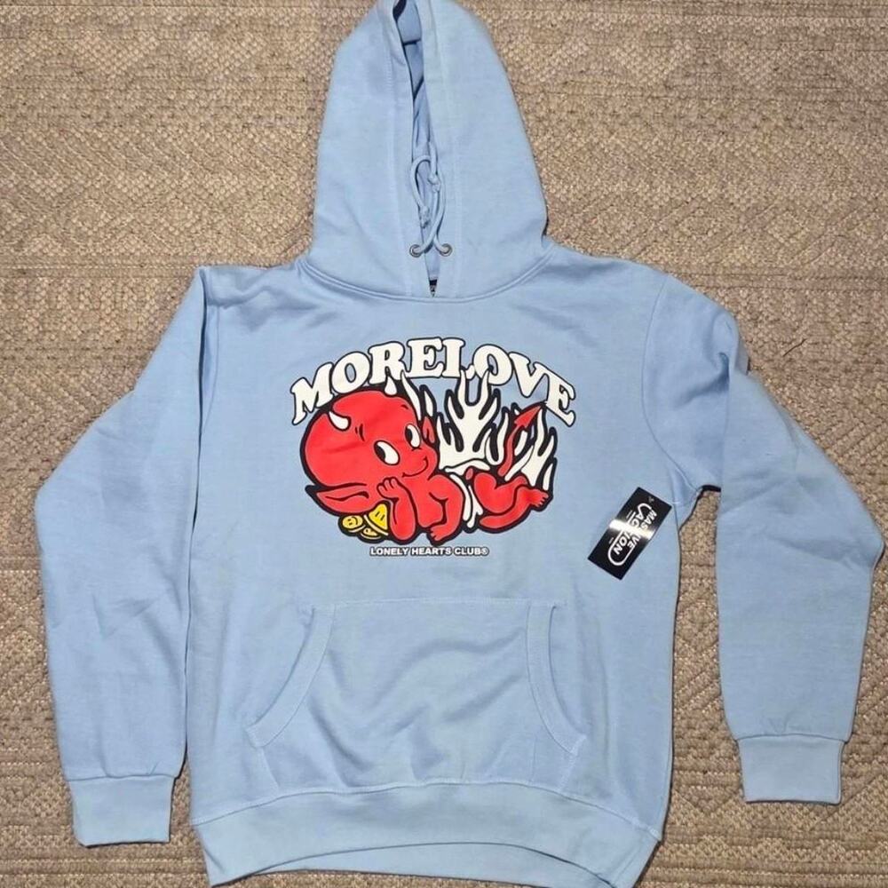 Lonely Hearts Club “More Love” Graphic Hoodie Baby Blue Medium Pullover